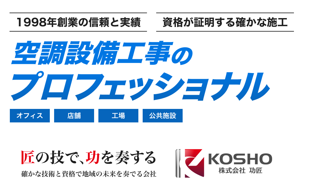 1998年創業の信頼と実績、資格が証明する確かな施工 空調設備工事のプロフェッショナル。匠の技で功を奏する